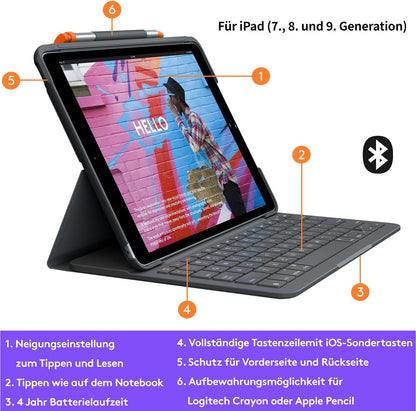 Logitech Slim Folio für iPad (7., 8. und 9. Generation) Tastatur-Case Deutsches QWERTZ-Layout - Graphit
