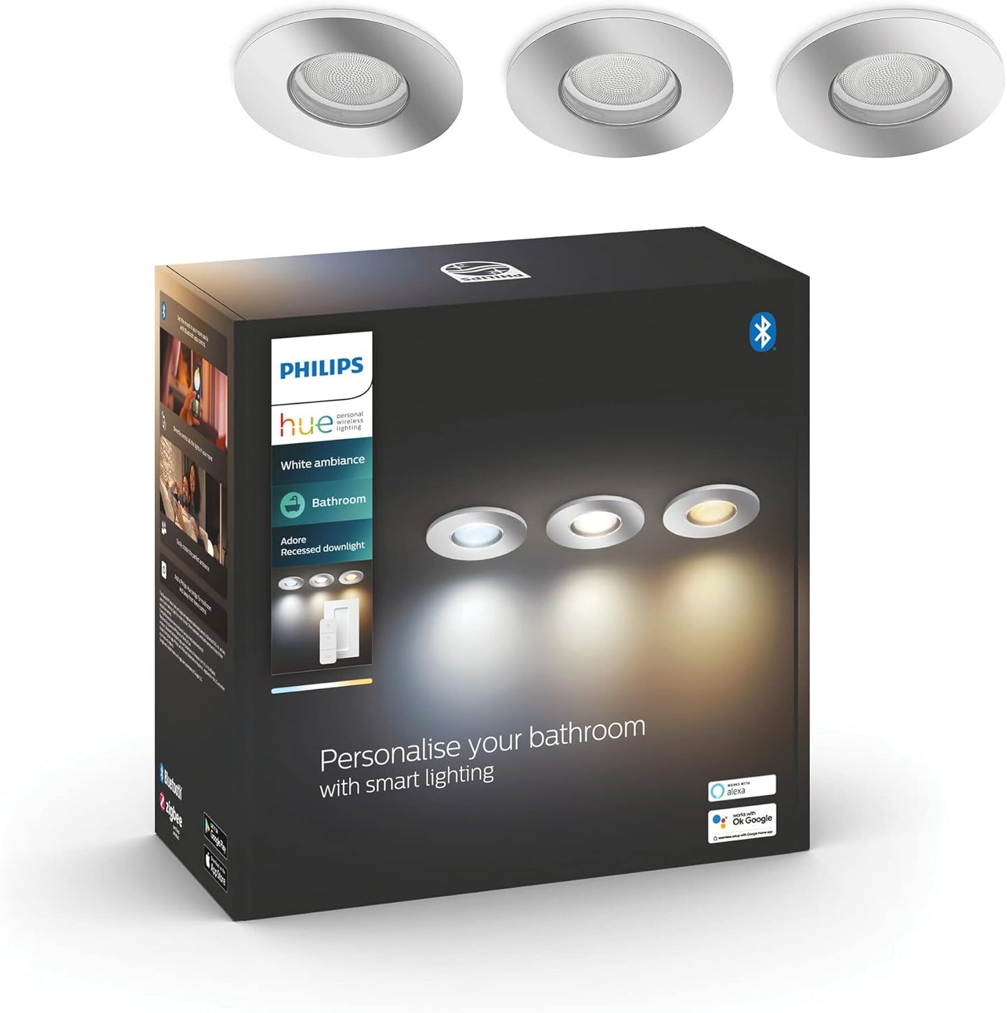 Philips Hue White Ambiance Adore 3er Deckenspots rund, silber 3x250lm inkl. Dimmschalter, Bad-Beleuchtung, dimmbar, steuerbar via App, kompatibel mit Amazon Alexa (Echo, Echo Dot)