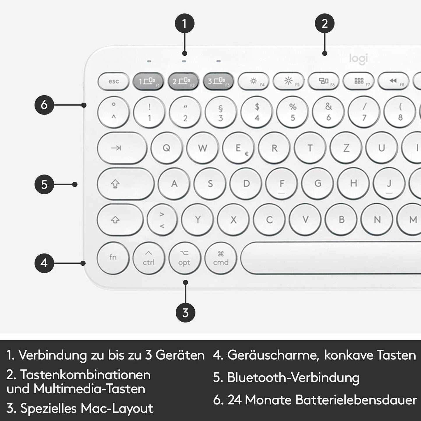 Logitech K380 wireless Tastatur in Weiß für Mac mit Deutschem/Schweizer QWERTZ Layout