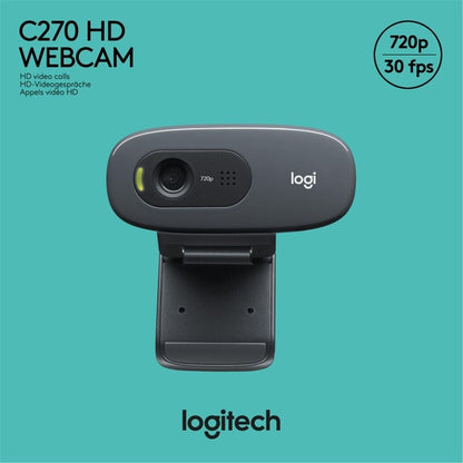 Logitech C270 Webcam, HD 720p, 60° Sichtfeld, Fester Fokus, Belichtungskorrektur, USB-A 960-001063