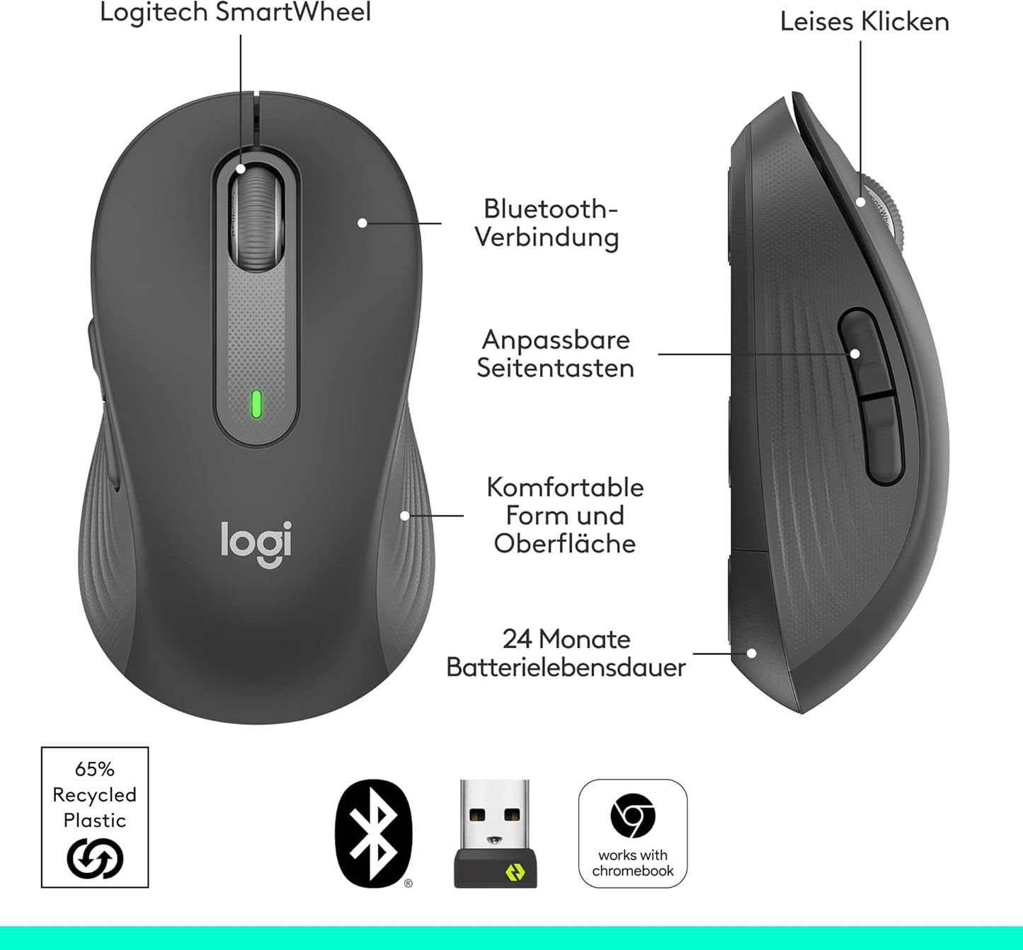 Logitech Signature M650 L Kabellose Maus - für große Hände, Leise Klicks, Anpassbare Seitentasten, Bluetooth, Kompatibilität mit mehreren Geräten - Graphit