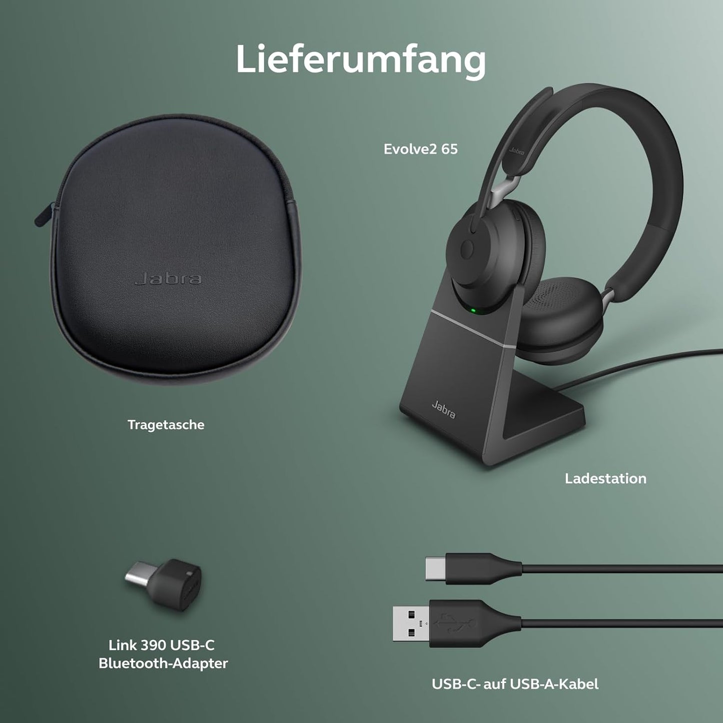Jabra Evolve2 65 MS Stereo USB-C Headset mit Ladestation Schwarz Link380c 26599-999-889