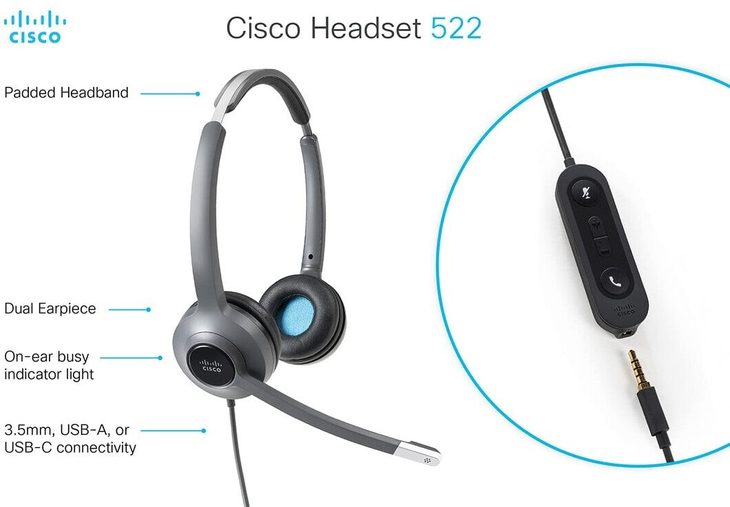 Cisco Systems Headset 522 Kabelgebunden Stereo On-Ear-Headset USB-A dunkelgrau