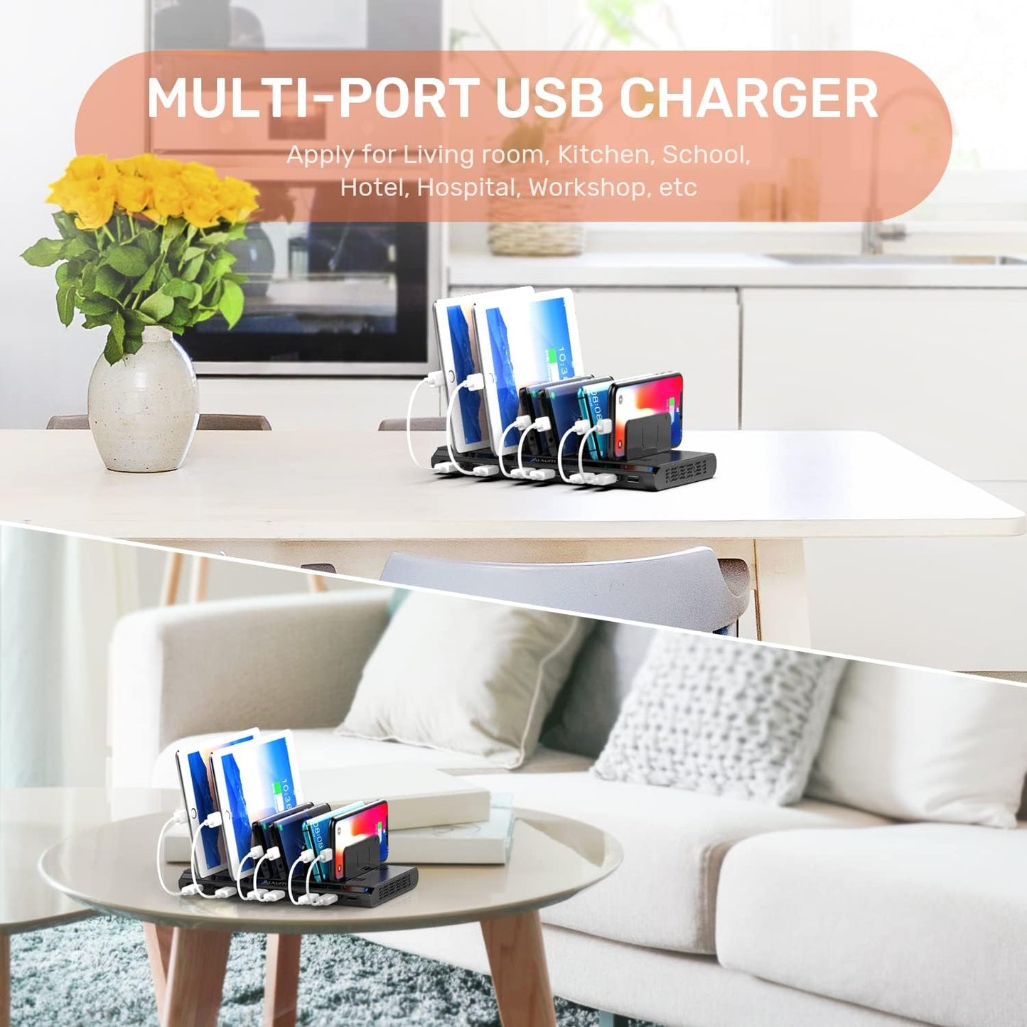 Alxum 60W USB Multiport Schnellladestation 10 Ports USB-A Ladestation für Handy, Tablet