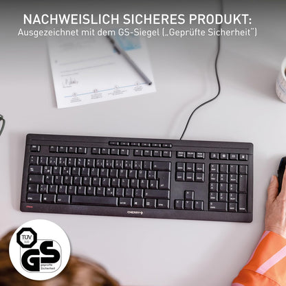 CHERRY Stream Keyboard, Kabelgebundene Tastatur, UK-Layout (QWERTY), Flüsterleiser Tastenanschlag, Einzigartiges Tippgefühl, Flaches Design, Schwarz