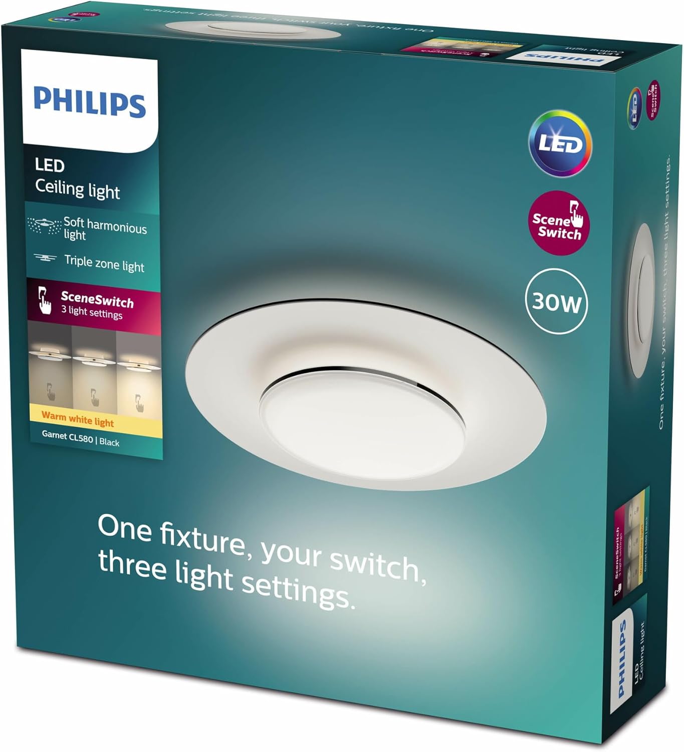 Philips LED SceneSwitch Garnet Deckenleuchte (30 W), LED Leuchte mit drei Dimmstufen und warmweißem Licht, LED Beleuchtung mit EyeComfort, schwarz
