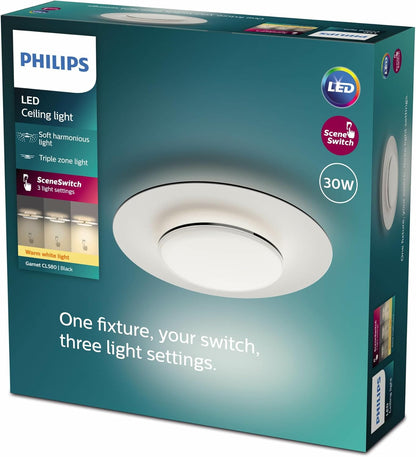 Philips LED SceneSwitch Garnet Deckenleuchte (30 W), LED Leuchte mit drei Dimmstufen und warmweißem Licht, LED Beleuchtung mit EyeComfort, schwarz