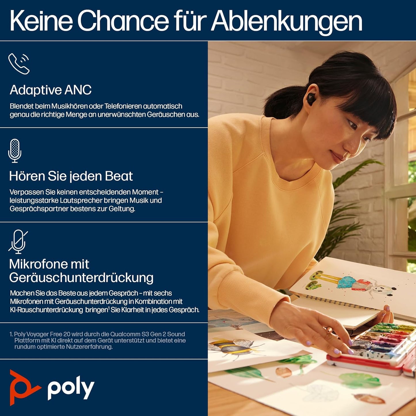 Poly Voyager Free 20 - True Wireless-Kopfhörer mit Mikrofon - im Ohr - Bluetooth - aktive Rauschunterdrückung - Schwarz