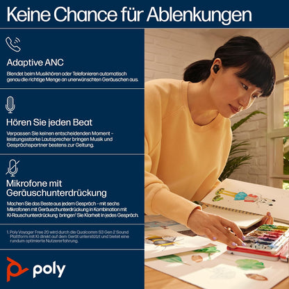 Poly Voyager Free 20 - True Wireless-Kopfhörer mit Mikrofon - im Ohr - Bluetooth - aktive Rauschunterdrückung - Schwarz