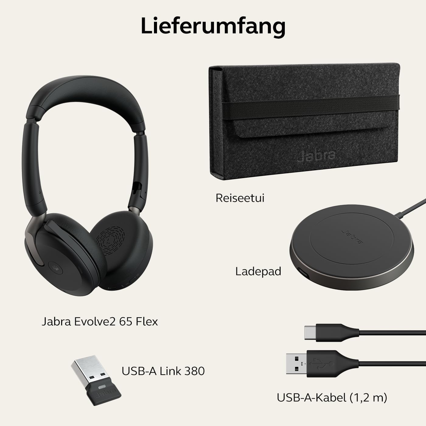 Jabra Evolve2 65 Flex MS USB-A Stereo Headset mit Wireless Charging Pad Link380a Schwarz 26699-999-989