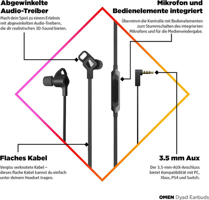 HP OMEN Dyad Gaming Earbuds (Dual-Treiber-Technologie, 3 verschiedene In-Ear-Aufsätze, integrierte Bedienelemente, 3,5mm Klinke) schwarz