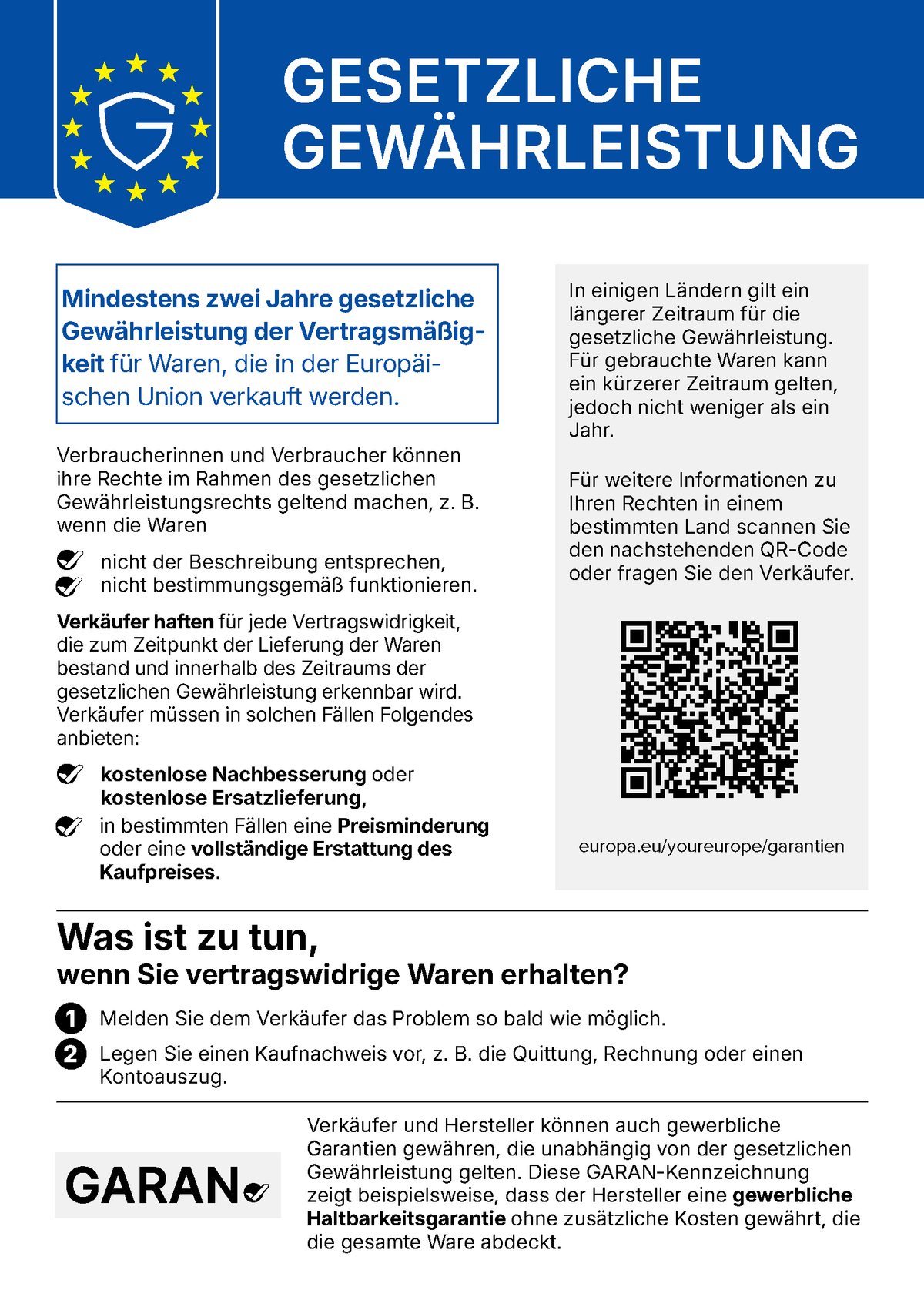 EU-Hinweis zur gesetzlichen Gewährleistung: mindestens 2 Jahre