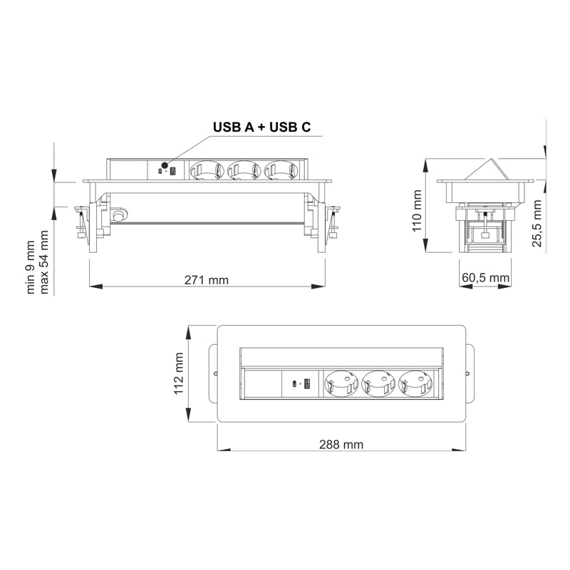 Design Light FLIX BOX, Typ Schuko, mattschwarz, 3x 230V AC Steckdose, 2xUSB (Typ A + Typ C), 1,5m Anschlusskabel