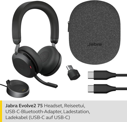 Jabra Evolve2 75 MS Stereo USB-C Headset mit Ladestation Link380c Schwarz 27599-999-889